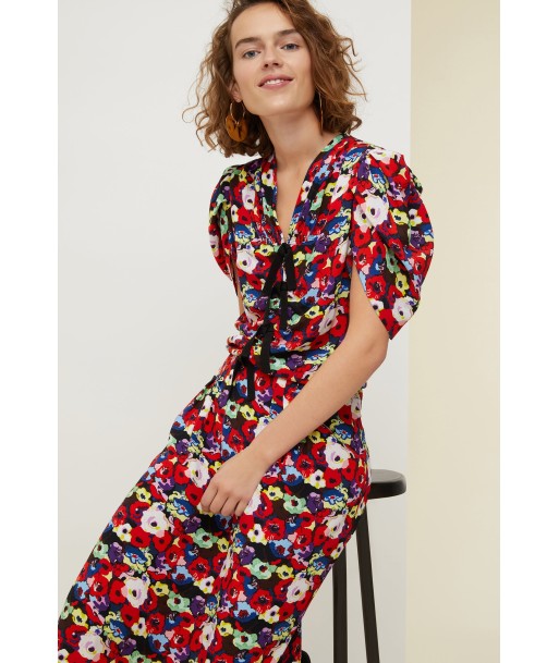 Robe fleurie froncée à noeuds destockage